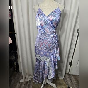 A Peach Paisley Satin Wrap Dress Sz M High Low Dress